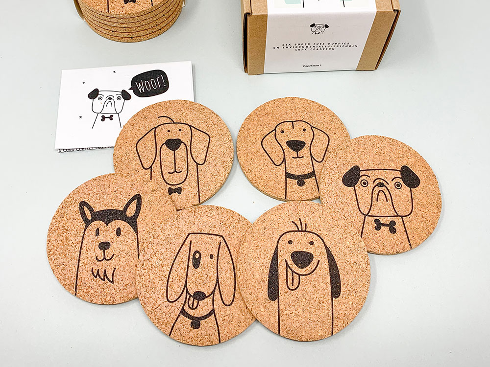 Kork bordskånere (6 stk.) med søde hunde – PepMelon Cutes Bordskånere 2