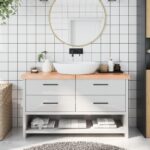 Bordplade til badeværelse 140x30x(2-6) cm massivt træ lysebrun - Kategori: 4 Bordplade til badeværelse 140x30x(2-6) cm massivt træ lysebrun