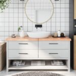 Bordplade til badeværelse 160x50x(2-6) cm massivt træ lysebrun - Kategori: 4 Bordplade til badeværelse 160x50x(2-6) cm massivt træ lysebrun