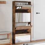 Skoskab med spejl 4 hylder 63x17x134 cm røget egetræ - Kategori: 4 Skoskab med spejl 4 hylder 63x17x134 cm røget egetræ