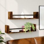 Væghylder med stænger 2 stk. 60x16x14 cm røget egetræsfarve - Kategori: 4 Væghylder med stænger 2 stk. 60x16x14 cm røget egetræsfarve