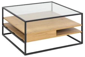 ACT NORDIC Randolf sofabord, m. 2 hylder - klar glas, natur vild eg melamin, mat sort stål (80x80)