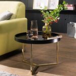 Rundt bakkebord / sofabord, guldfarvede ben, sort bordplade, glamour-stil - Kategori: 4 Rundt bakkebord / sofabord, guldfarvede ben, sort bordplade, glamour-stil