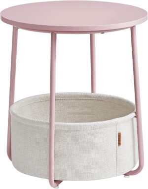 Rundt sidebord med stofkurv, pastelrosa/skyhvid