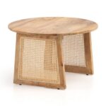 Sofabord i massivt træ og rattan, japandi-look, 65x65x40cm, naturfarvet - Kategori: 4 Sofabord i massivt træ og rattan, japandi-look, 65x65x40cm, naturfarvet