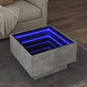 Sofabord med LED-lys 50x50x30 cm konstrueret træ betongrå