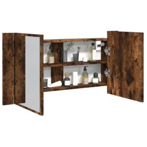 vidaXL badeværelsesskab m. spejl og LED-lys 90x12x45 cm akryl røget eg