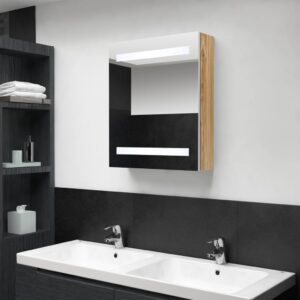 vidaXL badeværelsesskab med spejl + LED-lys 50x14x60 cm egetræ og hvid