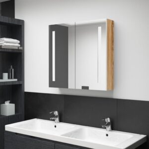 vidaXL badeværelsesskab med spejl + LED-lys 62x14x60 cm hvid og egetræ