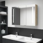 vidaXL badeværelsesskab med spejl + LED-lys 89x14x62 cm hvid og egetræ