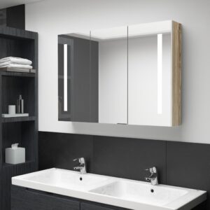 vidaXL badeværelsesskab med spejl + LED-lys 89x14x62 cm hvid og egetræ