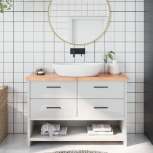 vidaXL bordplade til badeværelse 120x30x(2-4) cm massivt træ lysebrun