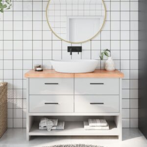 vidaXL bordplade til badeværelse 120x30x(2-6) cm massivt træ lysebrun
