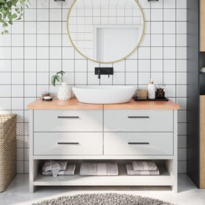vidaXL bordplade til badeværelse 140x50x(2-4) cm massivt træ lysebrun