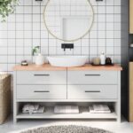 vidaXL bordplade til badeværelse 160x30x(2-4) cm massivt træ lysebrun