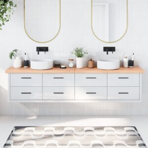 vidaXL bordplade til badeværelse 220x30x(2-6) cm massivt træ lysebrun