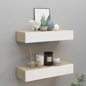 vidaXL hylder med skuffe 2 stk. 60x23,5x10 cm MDF egetræsfarve og hvid