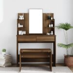 vidaXL makeupbord med spejl 96x40x142 cm brun egetræsfarve - Kategori: Egetræshylder til hjemmet 4 vidaXL makeupbord med spejl 96x40x142 cm brun egetræsfarve