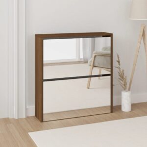 vidaXL skoskab med spejl 2 hylder 63x17x67 cm brun egetræ