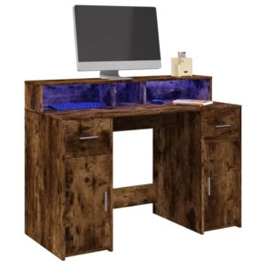 vidaXL skrivebord med LED-lys 120x55x91 cm konstrueret træ røget eg