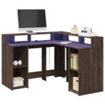 vidaXL skrivebord med LED-lys 130x130x91 cm konstrueret træ brunt eg