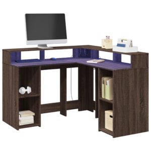 vidaXL skrivebord med LED-lys 130x130x91 cm konstrueret træ brunt eg
