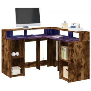 vidaXL skrivebord med LED-lys 130x130x91 cm konstrueret træ røget eg