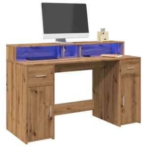 vidaXL skrivebord med LED-lys 140x155x91 cm konstrueret træ gammelt eg