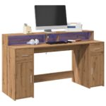 vidaXL skrivebord med LED-lys 160x155x91 cm konstrueret træ gammelt eg