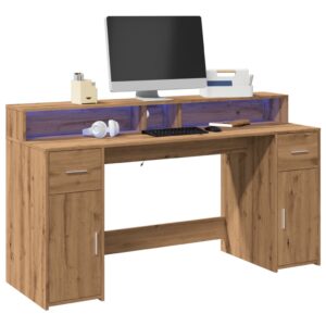 vidaXL skrivebord med LED-lys 160x155x91 cm konstrueret træ gammelt eg