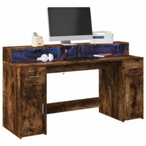vidaXL skrivebord med LED-lys 160x55x91 cm konstrueret træ røget eg