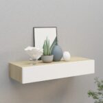 vidaXL væghylde med skuffe 60×23,5×10 cm MDF egetræsfarve hvid - Kategori: Egetræshylder til hjemmet 4 vidaXL væghylde med skuffe 60x23,5x10 cm MDF egetræsfarve hvid