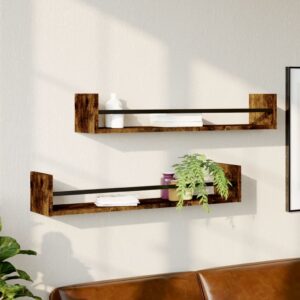 vidaXL væghylder med stænger 2 stk. 80x16x14 cm røget egetræsfarve